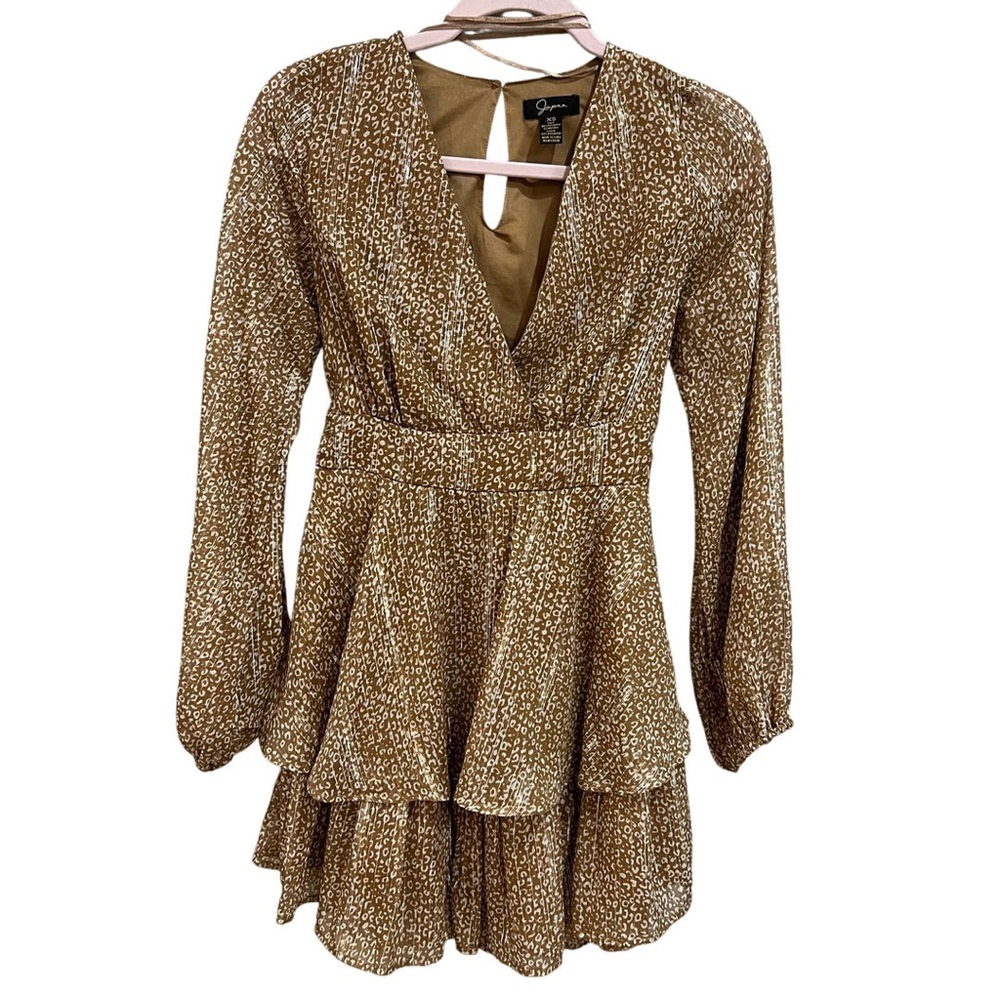 Japna Long Sleeve Plunge V-Neck Ruffle Leopard Shimmer leopard dress small nwot